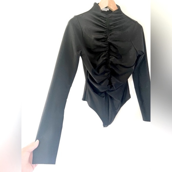 Good American Disco Ruched Funnel Long Sleeve Black Thong Bodysuit Size Large - Picture 3 of 7